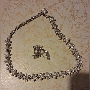 Vintage Albion Silvertone Rhinestone Floral Necklace and Earring Set